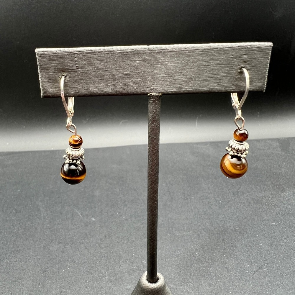 Tiger Eye Dangle Pierced‎ Earrings Silver Tone Drop